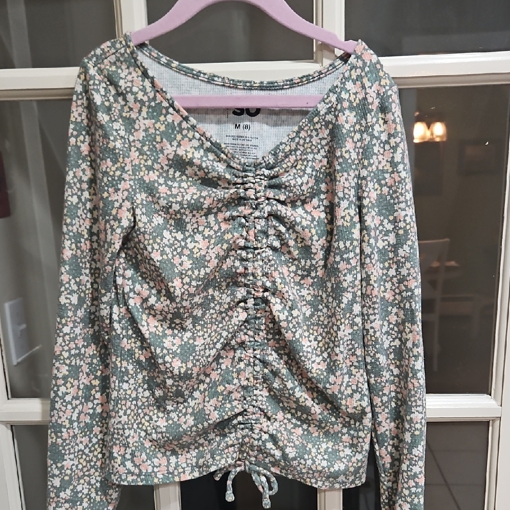 Kids SO Floral Ruched Blouse - Green and Pink